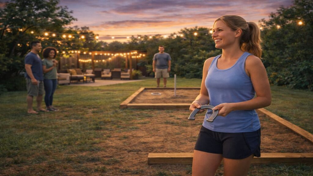Woman holding a horseshoe while players and friends gather around a backyard horseshoe pit during a weekly league night