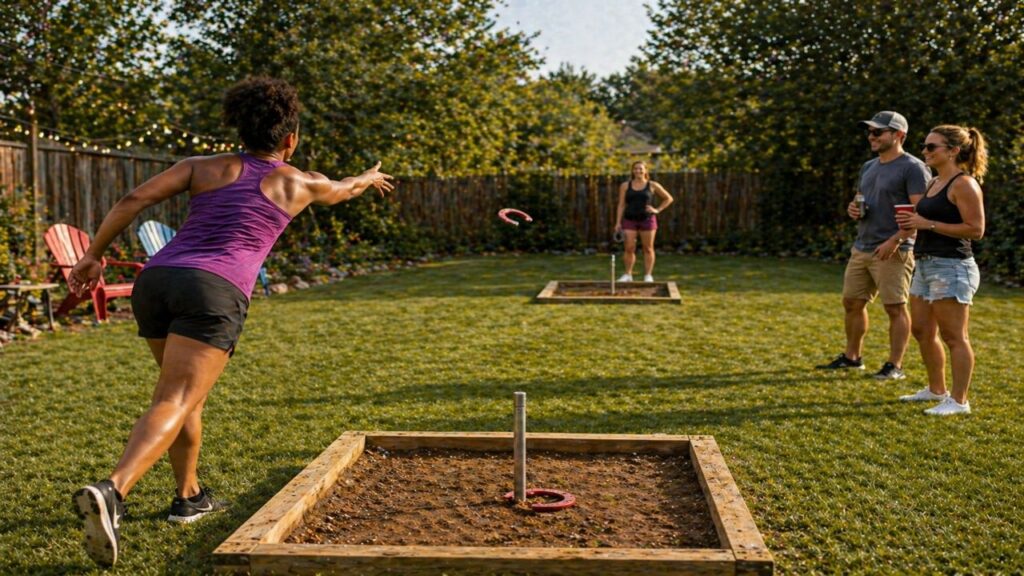Woman throwing a horseshoe toward a closer pit during a short distance variation game with players watching from the side