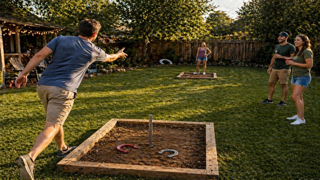 Man throwing a horseshoe toward a full distance pit while friends watch and react during a fun variation round