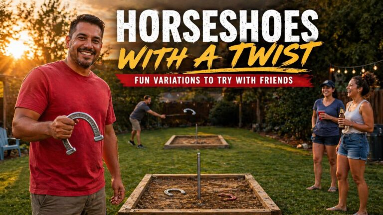 Man holding a horseshoe while friends play a backyard horseshoe game with different variations during sunset