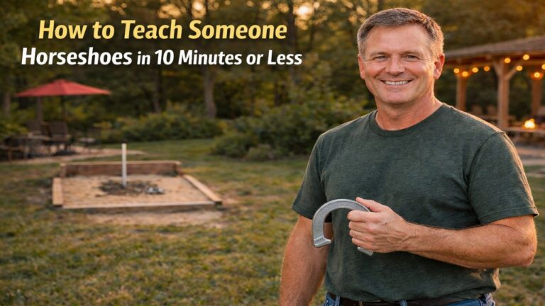 Man holding a horseshoe with correct grip in backyard near a properly set up horseshoe pit during golden hour