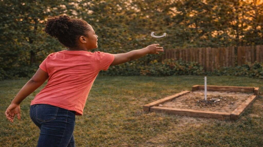 Young girl mid-throw releasing a horseshoe toward a backyard pit showing beginner technique and follow through