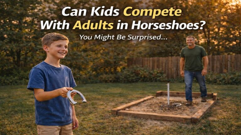 Young boy holding horseshoe while adult stands at opposite pit during a backyard horseshoe game at sunset