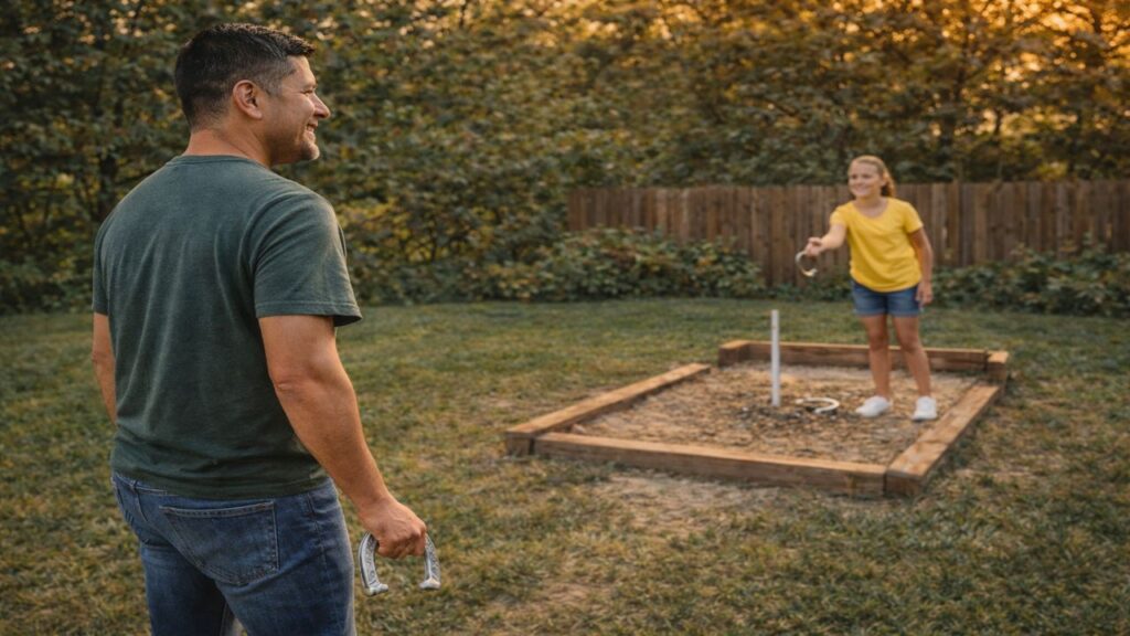 Adult and child standing at opposite horseshoe pits in correct positions during a backyard game