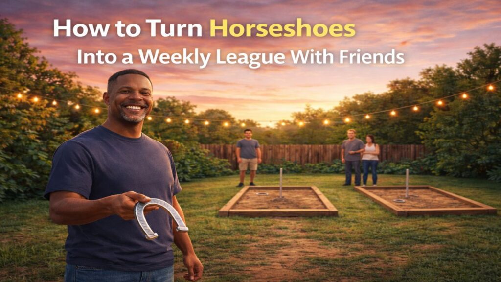 Man holding a horseshoe in a backyard with two properly spaced pits and friends gathered for a weekly horseshoe league at sunset
