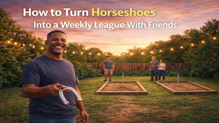 Man holding a horseshoe in a backyard with two properly spaced pits and friends gathered for a weekly horseshoe league at sunset
