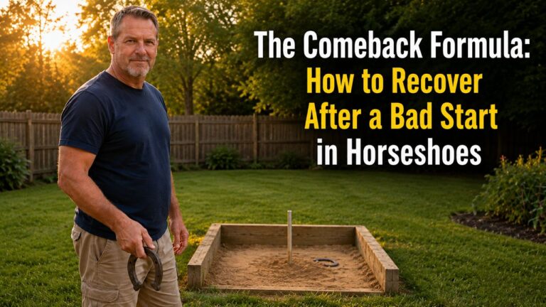 Man holding horseshoes near a backyard pit with title text about recovering after a bad start in horseshoes