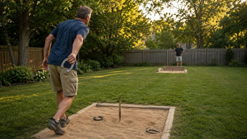Player making a controlled horseshoe throw toward the opposite pit during a backyard game comeback attempt