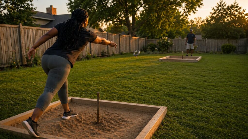 Black female player throwing a horseshoe toward the opposite pit during a focused backyard horseshoes game strategy moment
