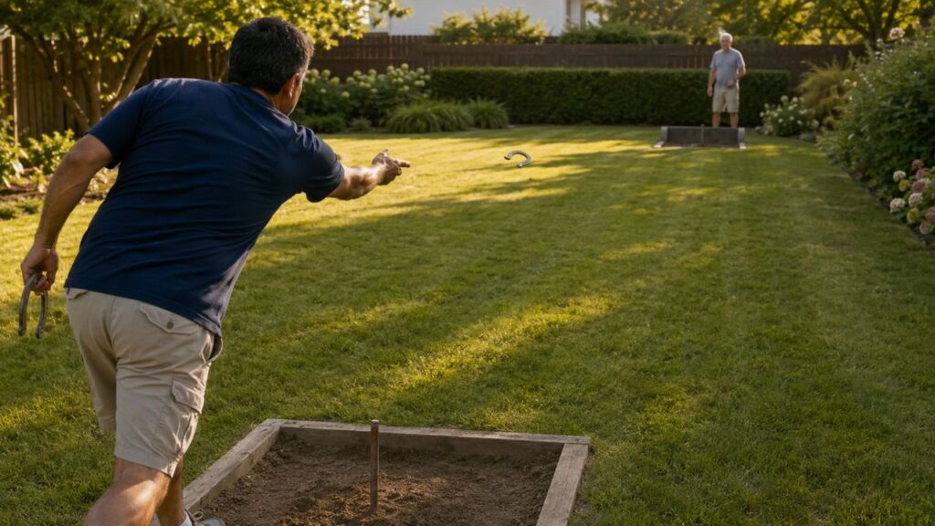 Player making a controlled horseshoe throw toward the opposite pit while competing against a more experienced player