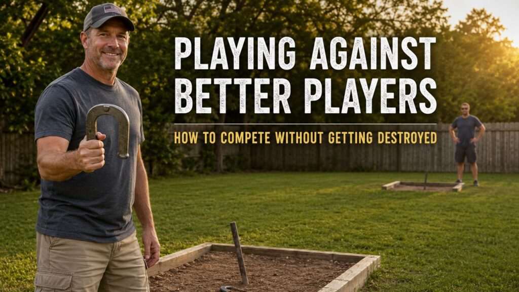 Man holding a horseshoe in a backyard court with another player waiting at the opposite pit during a competitive horseshoes match