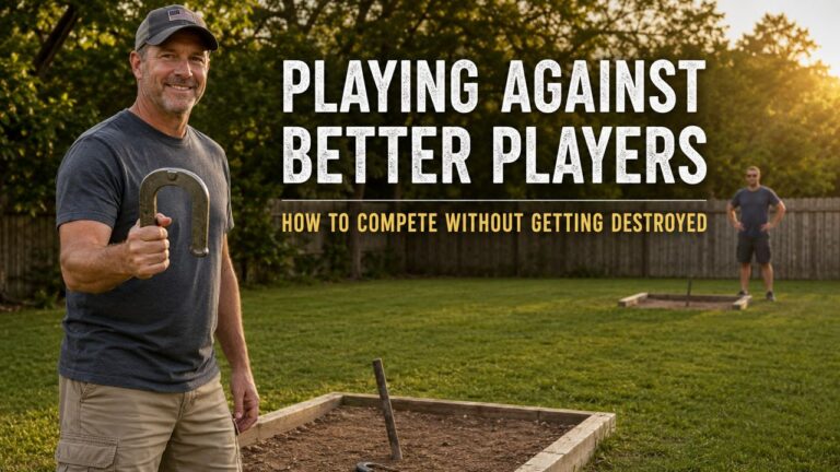 Man holding a horseshoe in a backyard court with another player waiting at the opposite pit during a competitive horseshoes match