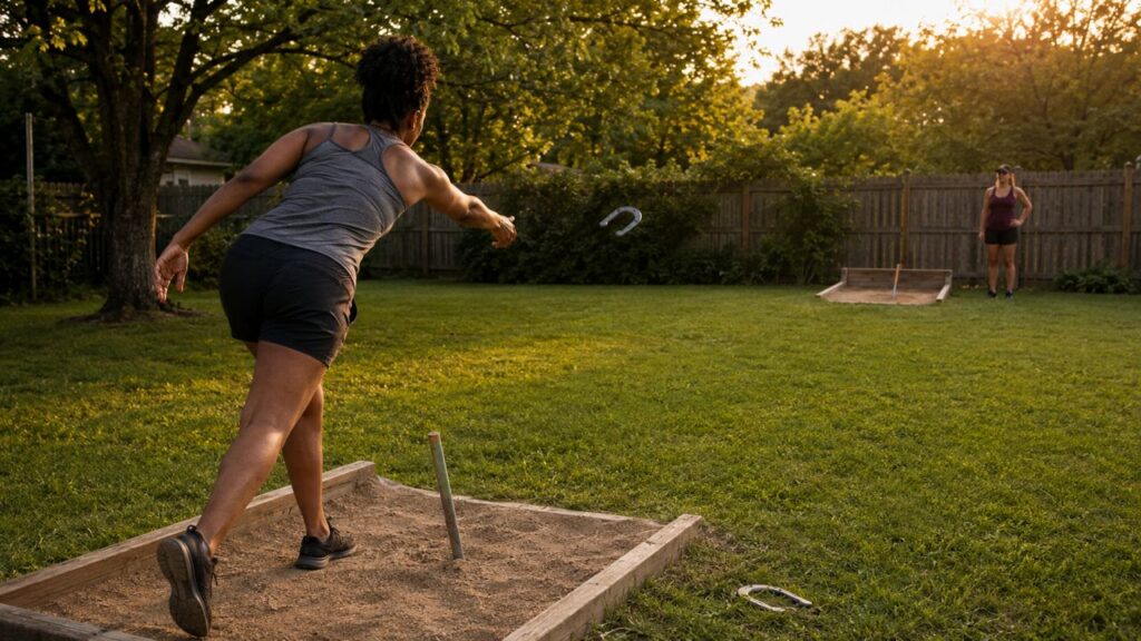 Female player throwing a horseshoe toward the opposite pit while competing against a stronger backyard horseshoes opponent